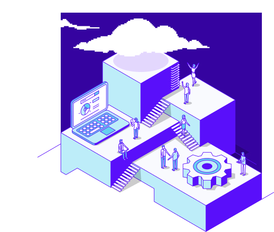 Isometric illustration of people on tiered platforms featuring a large laptop and gear. A cloud is above.
