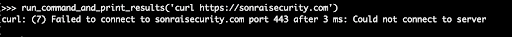 Terminal error showing curl failed to connect to sonraisecurity.com on port 443